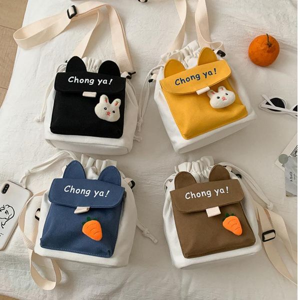 

2020 new fashion drawstring canvas messenger bag hipster bucket bag cute girl's shoulder
