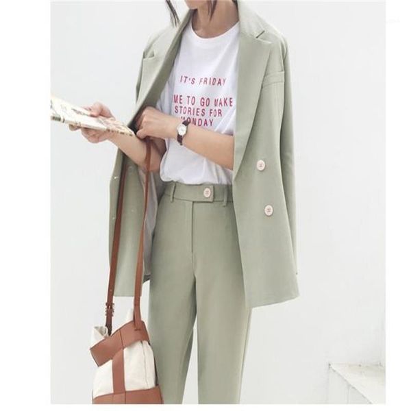 

vintage double breasted women pant suit light green notched blazer jacket & high waist pant 2019 spring office wear women suits1, White;black