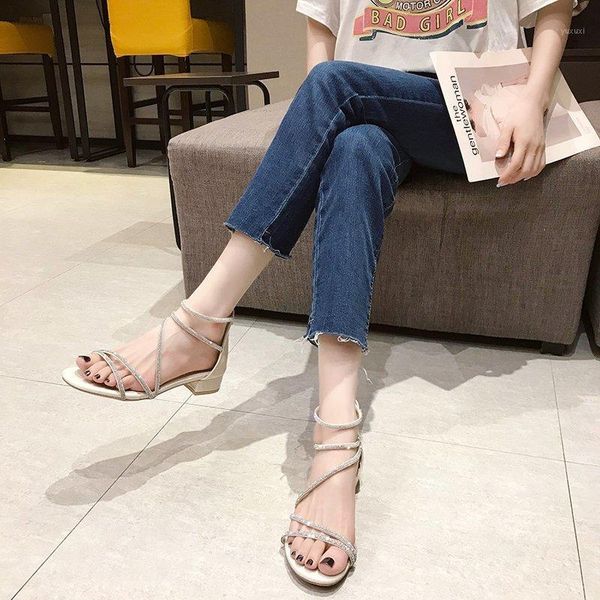 

sandals summer 2021 fashion rhinestone middle heel female wild thick fairy style word with roman x1531, Black
