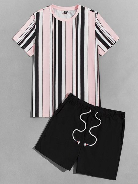 

men striped tee & drawstring waist track shorts set u9d1#, Gray