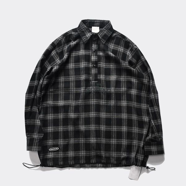 

men's casual shirts black and gray check long sleeve half-open collar dark plaid shirt men street wear functional, White;black