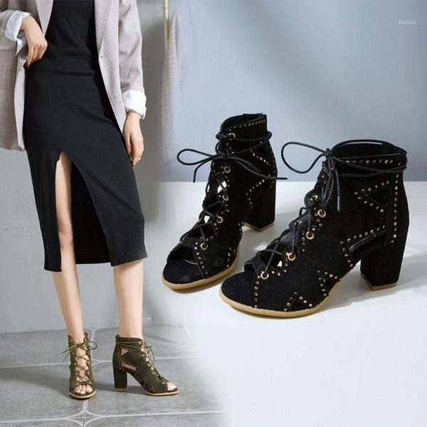 

dress shoes women sandals thick heel heels rivet lace up hollow out ladies casual beach plus size d#41, Black