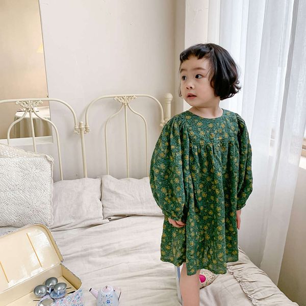 

skirt 202 spring new girl floral lantern children's long sve round neck princs drs, Red;yellow