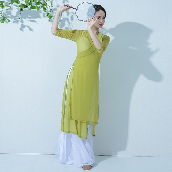 

sell classical dance costume one piece flowing dress cheongsam design light weight gauze irregular performance blouse, Black;red
