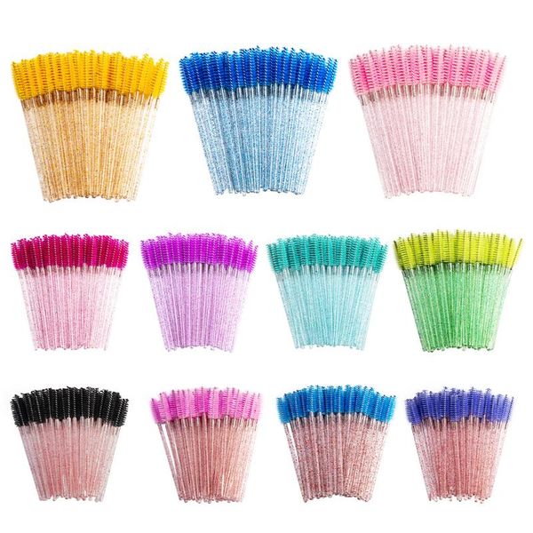

50pcs crystal rhinestone handle eyelash brush disposable eyebrow pencil mascara spiral rod grafting beauty makeup tool