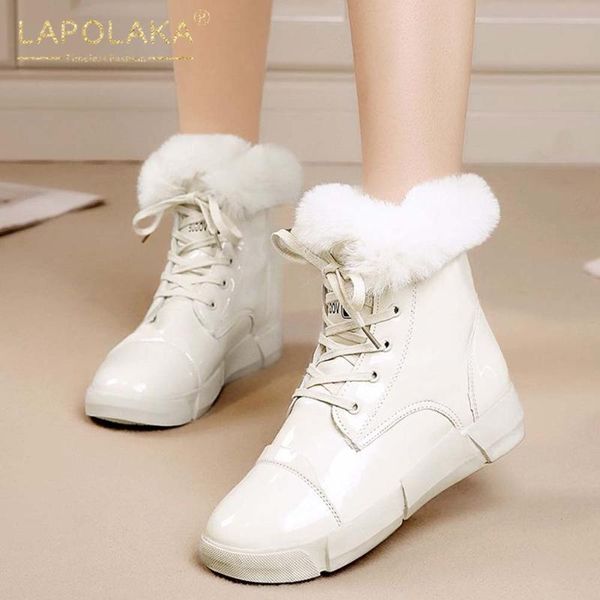 

boots lapolaka 2021 brand platform lace up shiny shoes ladies bootie shoelace leisure warm plush winter snow woman, Black