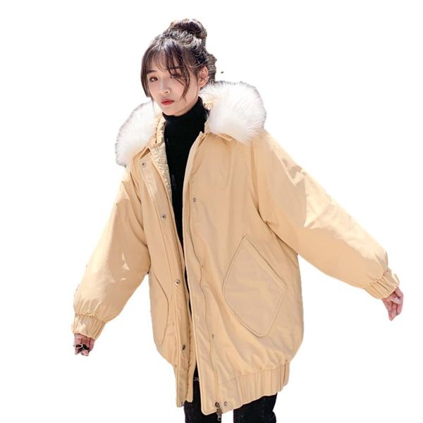 

women clothing 2021 winter coat women parkas hooded collar pocket zipper female winter jacket solid loose warm thick coat, Black