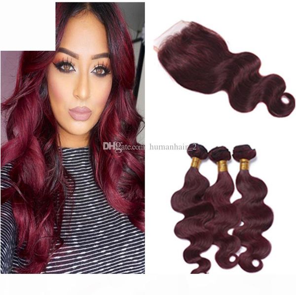 

2017 burgundy brazilian hair with closure 4pcs lot 99j wine red body wave virgin human hair 3 bundles with lace closure, Black;brown