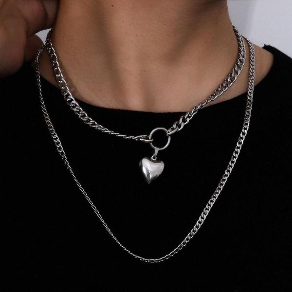 

chains gothic men heart pedant necklace 2pcs layered cuban chians stainless steel choker for women lovers rock neck jewelry, Silver