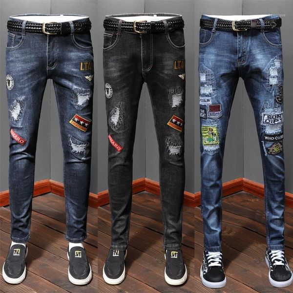 

jeans men punk cool graffiti denim pants men broken hole trousers cute letter print jeans high street casual streetwear1, Blue