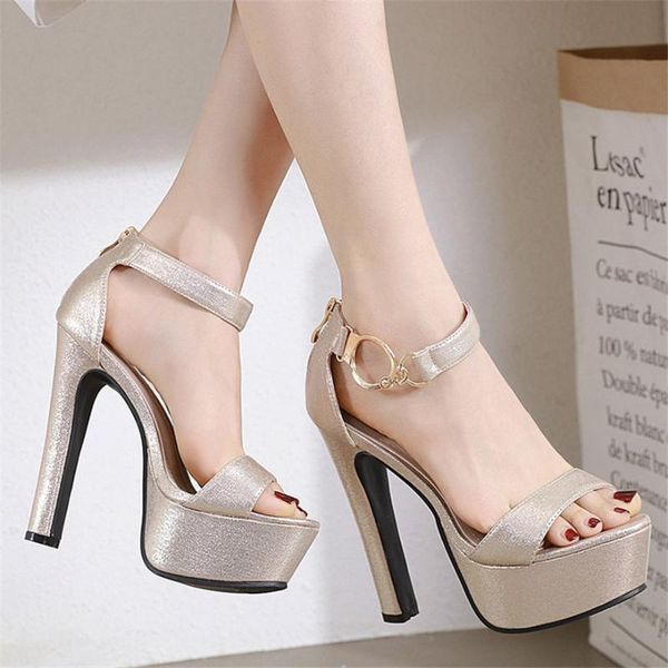 

high heels elegant women's sandals open toe metal decoration female pumps thick heel platform summer woman shoes sandalias mujer, Black