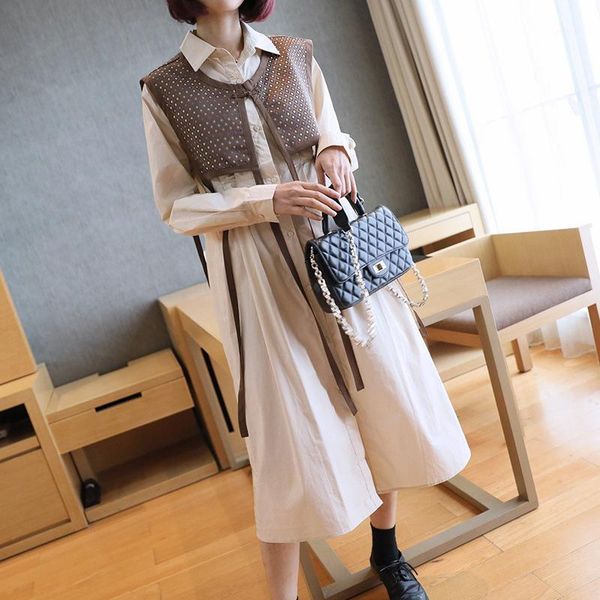 

2020 new autumn winter runway design long sleeve singer breasted loose casual elegant sheer pleated dress for women with tanks1, Black;gray