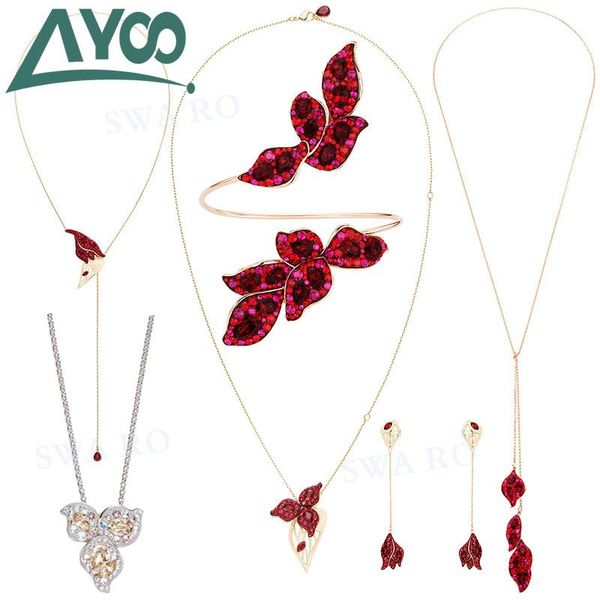 

ayoo swa 2020 new petal brilliant moon creek red camellia crystal women necklace, Silver