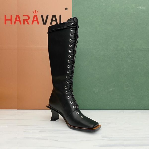 

boots haraval 2021 mode square toe cross lace up strange heel solid lady fashion shoes black white temperament elegant design e180l1