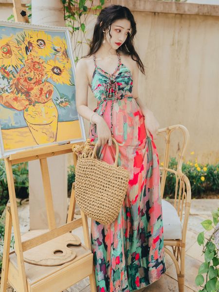 

v-neck chiffon print long female with no back bohe strapped beach sleeveless party 2021 summer dress q7aa, Black;gray