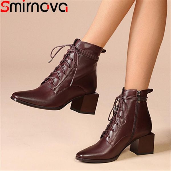 

smirnova 2020 genuine leather boots thick heels square toe lace up ladies shoes fashion simple solid color ankle boots women, Black