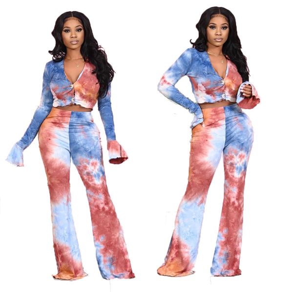 

ar9909 european and american women's tie-dye autumn casual fashion trumpet sleeve two-piece suit 2021, White