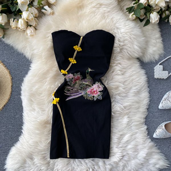 

2021 new singiny chic modified cheongsam girlie embroidered thin summer off the shoulder strapless dress 2m4n, Black;gray