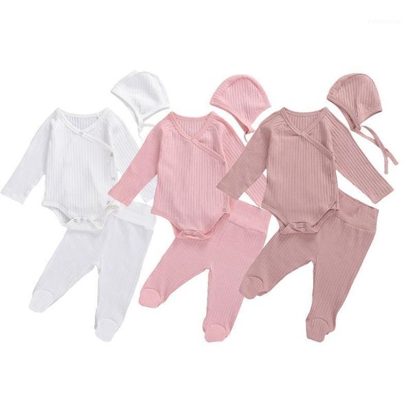 

clothing sets 2021 infant baby girls boys set long sleeve solid bodysuit + elastic waist pants+ hat fall clothes 0-18m1, White