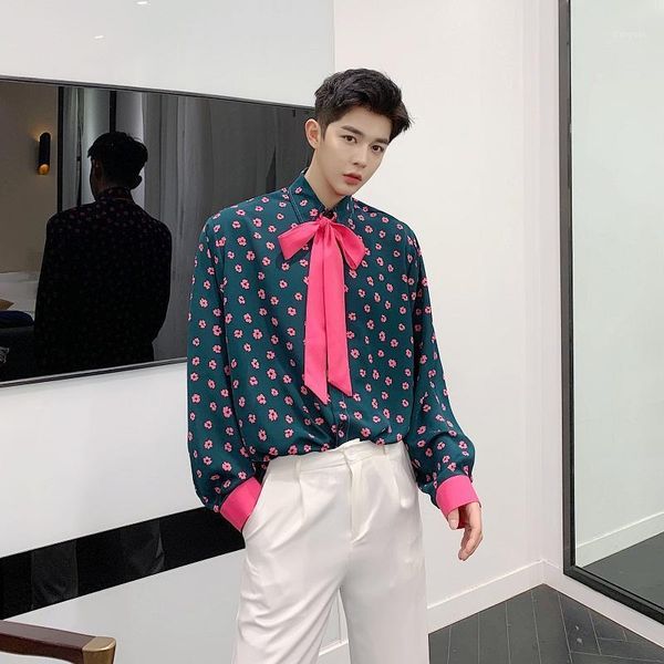 

men bow tie long sleeve casual shirts japan korea style male vintage flower print dress shirts stage clothing1, White;black