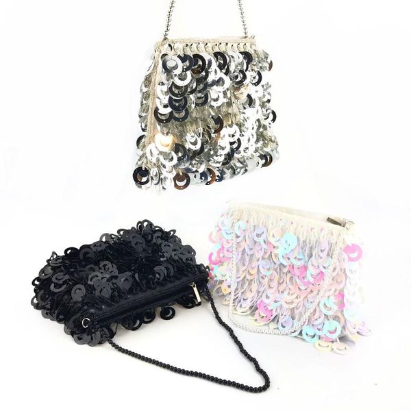 

brand silver black sequined handbag for women handmade bead totes clutch wedding bridemaid evening bag chain messenger bag