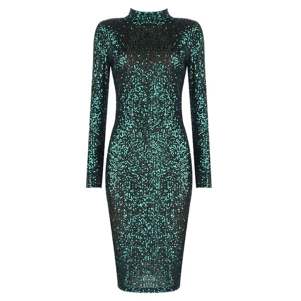 

new sequined dress green black long sleeve stand midi slim bodycon party runway fashion womens dresses 2020, White;black