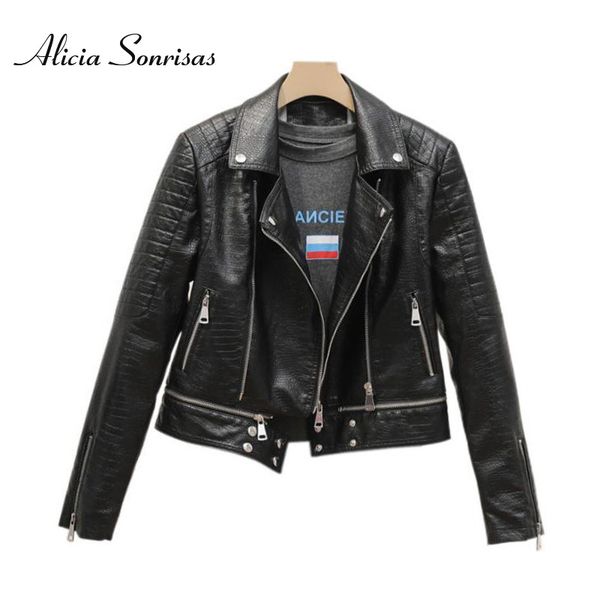 

faux leather jacket women detachable hem 2020 sping autumnnew short locomotive crocodile skin texture biker coat as20219x1016, Black;brown