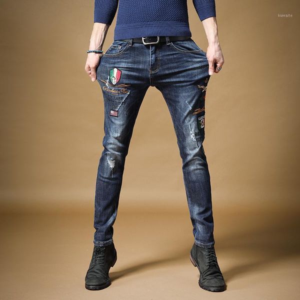 

men blue stretch ripped jeans fashion badge embroidery regular straight denim pants1