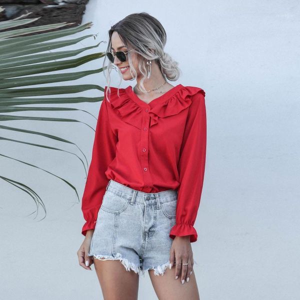 

2020 plus size autumn women blouses long sleeve ruffle shirt blouse korean style clothes v-neck harajuku shirts womens 1, White