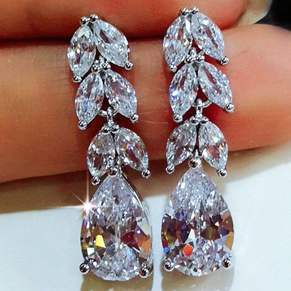 

huami 2021 1pair long drop earrings leaf crystal zirconia water elegant trendy female jewelry fashion earrings for women bijoux, Silver