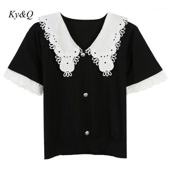 

2020 vinatge black fashion r summer women white lace striped lapel loose knit shirt short sleeve blouse clothes1