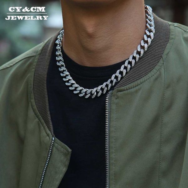 

13mm hip hop miami curb cuban chain necklace golden iced out paved rhinestones cz bling rapper link silver necklaces men jewelry