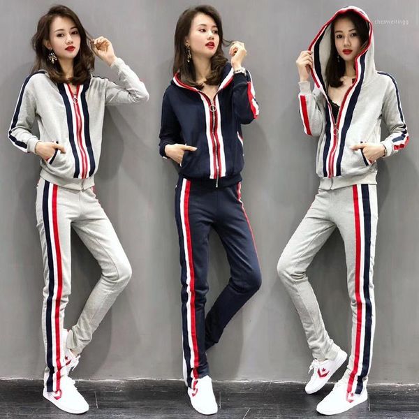 

women's sports suit 2020 new fashion western style striped hooded sweater and casual pants 2-piece set large size1, White
