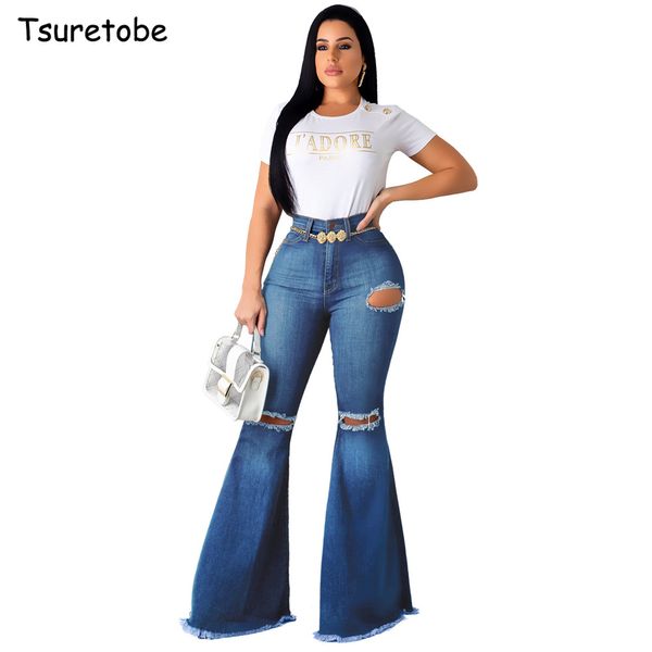 

tsuretobe fashion denim ripped flare pants women vintage high waist flare jeans casual bell-bottoms pant boot cut trousers femal 201012, Blue