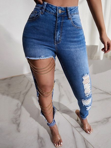 

sxy high waist ripped chain detail jeans z7hg#, Blue