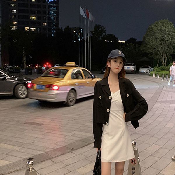 

2021 new solid color lapel sleeve short female autumn fashion leisur single breasted working jacket with tools d9lg, Black;brown