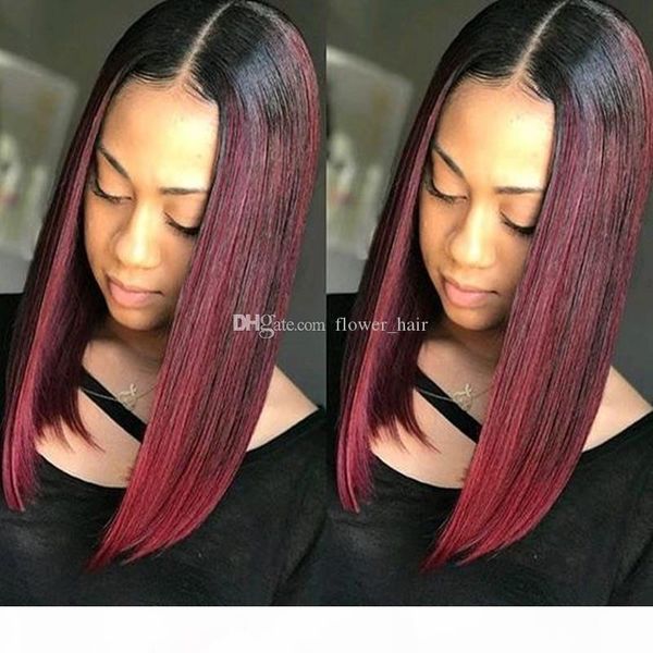 

ombre straight short bob wigs lace front human hair wigs for black women t1b 99j pre plucked brazilian remy hair with baby hair, Black;brown