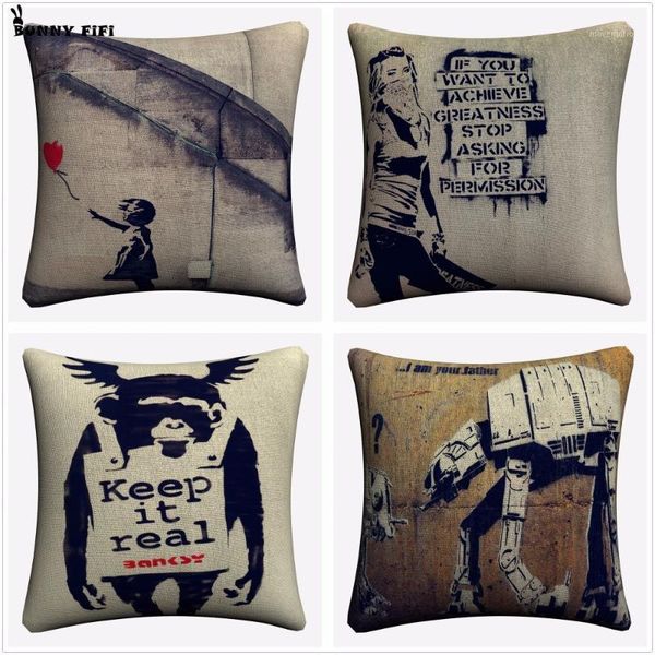 

banksy keep it real art decorative cotton linen cushion cover 45x45cm for sofa chair pillowcase home decor almofada1