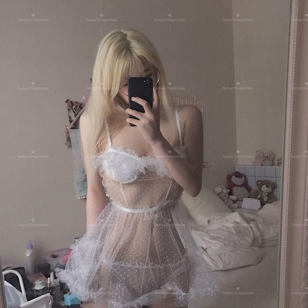 

sweet gauze lace puff sleeve nightdress sleepwear set cute temptation lingerie mesh night gown womens home clothing, Black;red