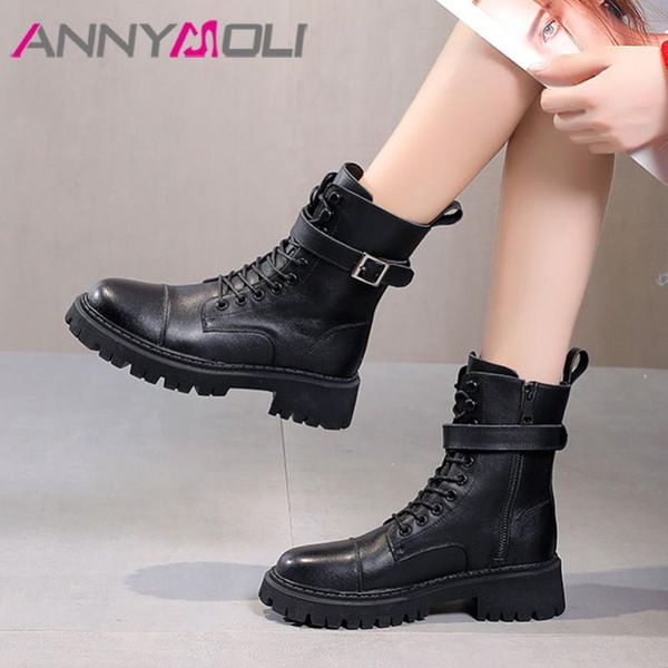 

boots annymoli high heel motorcycle woman platform thick ankle lace up buckle short zip ladies shoes autumn 40, Black