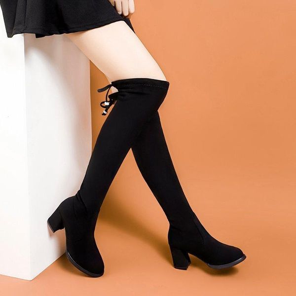 

mazefeng 34-41 winter over the knee boots women stretch fabric thigh high woman shoes long bota feminina zapatos de mujer, Black