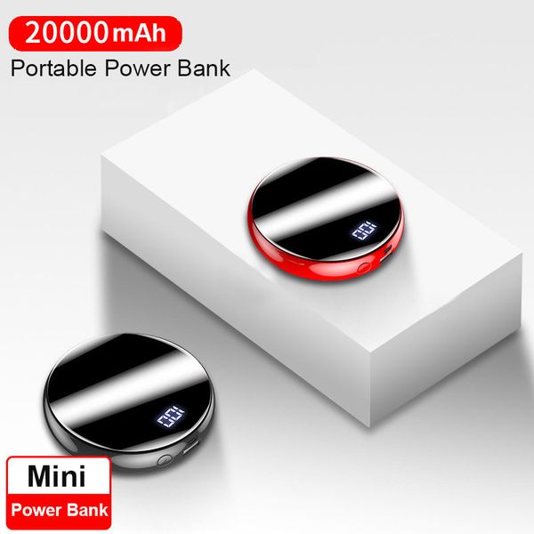 

20000mah mini power bank external battery bank mirror display 2.1a quick charge round powerbank portable charger for smart phone