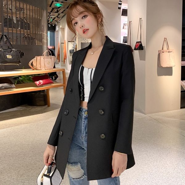 

ol casual double breasted women blazer jacket notched collar female jackets fashion suits outwear spring autumn coat y201026, White;black