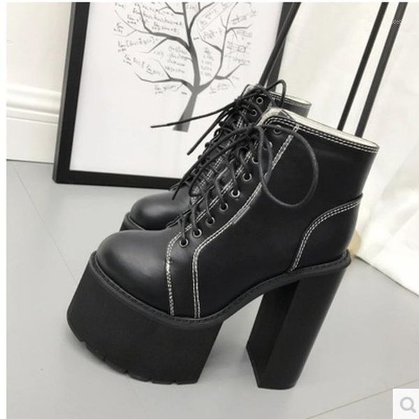 

boots 2021 autumn thick high heels waterproof platform women quality pu leather ankle for women1, Black