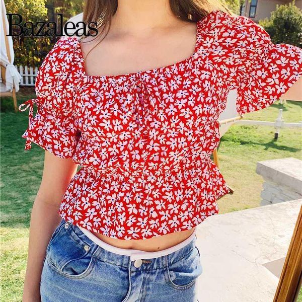 

bazaleas france red floral print short flare sleeve women blouse elegant blusas mujer de moda 2020 vintage square collar 1, White