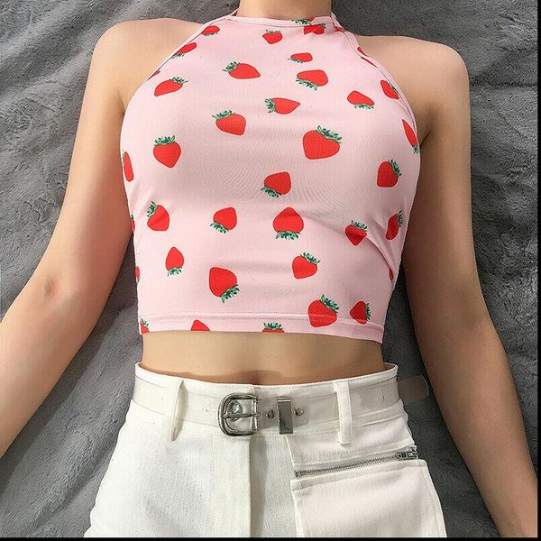 

women summer tank vest sleeveless crop sweet strawberry print pink halter female shirts, White
