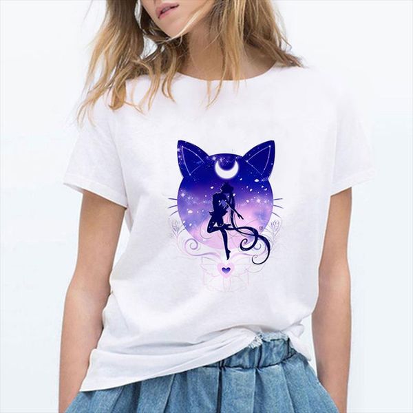 

women sailor moon short sleeve cat t shirt summer shirt cartoon drop shipping good quality, White