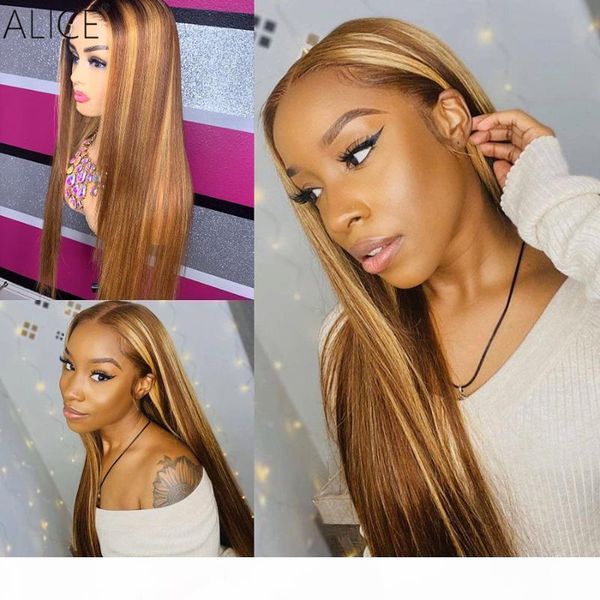 

alice highlight straight t-part lace front human hair wigs scalp closure wigs with baby hair 150% density non-remy, Black;brown