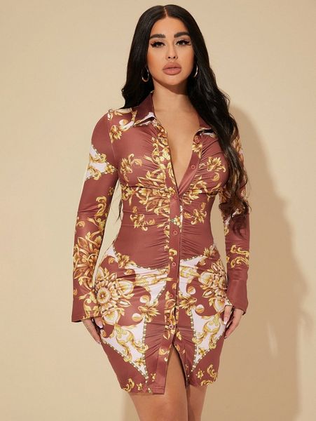

sxy baroque print ruched single breasted bodycon dress o5zm#, Black;gray