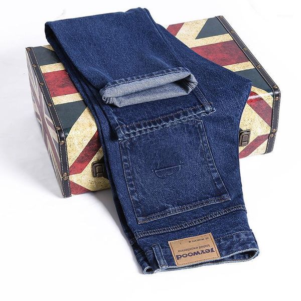 

high waist mens jeans fashion business classic thick jeans men straight comfortable cotton male baggy overalls denim pants1, Blue